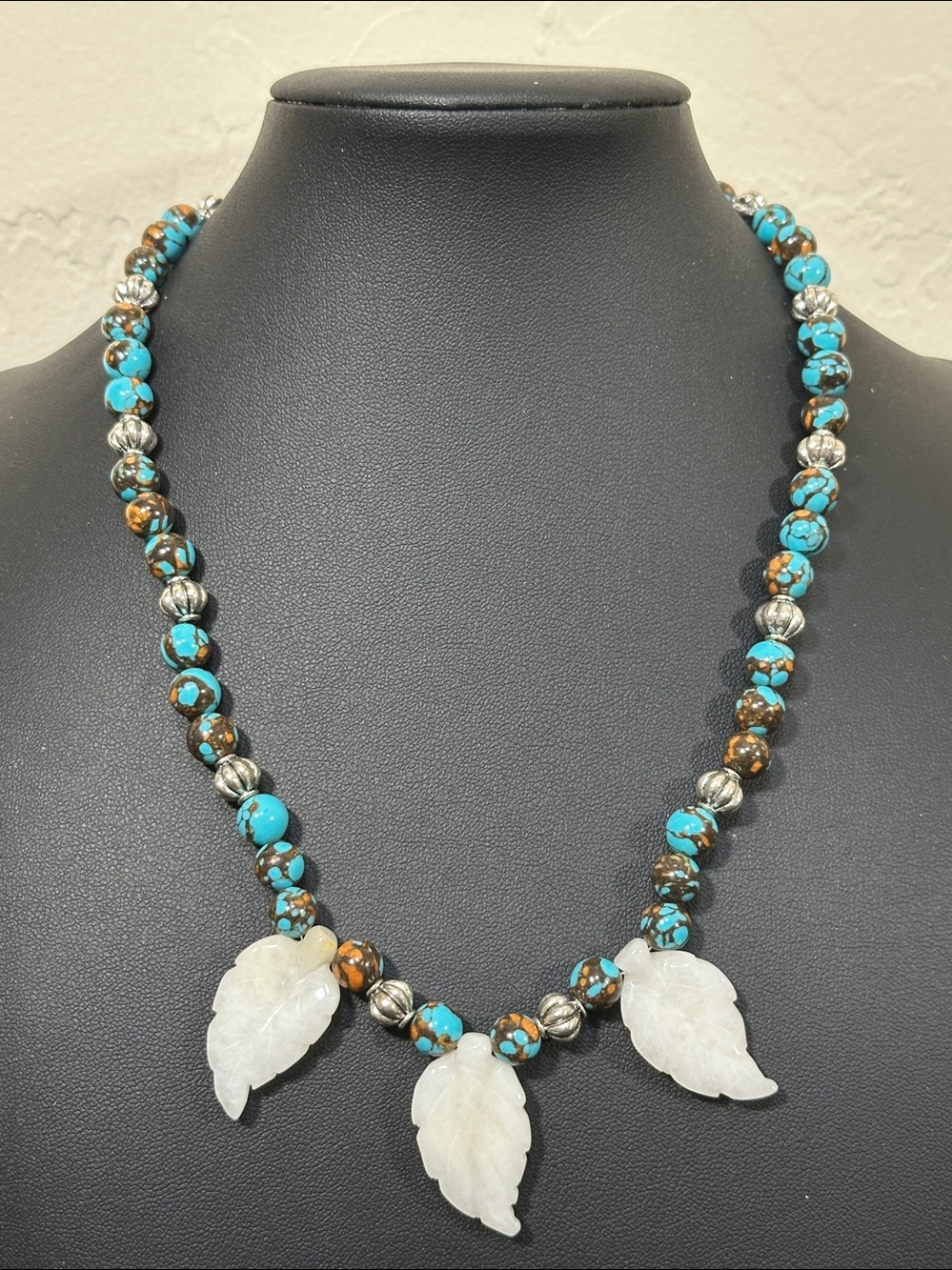 Southwest Style Composite Turquoise & White Jade Leaf Beaded Statement Necklace